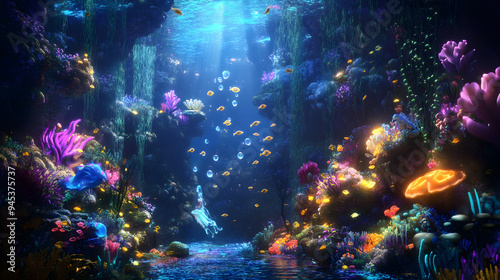A serene underwater kingdom filled with glowing coral and colorful fish illuminates the tranquil scene, showcasing the harmony of marine life and vibrant ecosystems