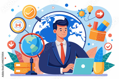 Global world economic analysis, international work opportunity, oversea research or investment country risk, region or foreign career searching concept, businessman analyze global world business.
