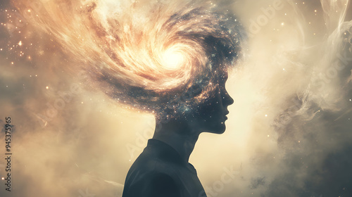 A surreal portrait of a person with a galaxy swirling in their hair, blending the cosmic and the human in a dreamlike atmosphere