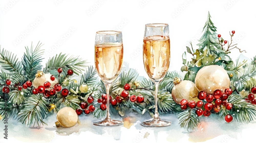 Watercolor Table setting Dinner with candle light and glasses of champagne in christmas dinner,forks, knives, spoons,empty plate,isolated illustration on white background,holiday. Watercolor Table setting Dinner with candle light and glasses of champagne in christmas dinner,forks, knives, spoons,empty plate,isolated illustration on white background,holiday.