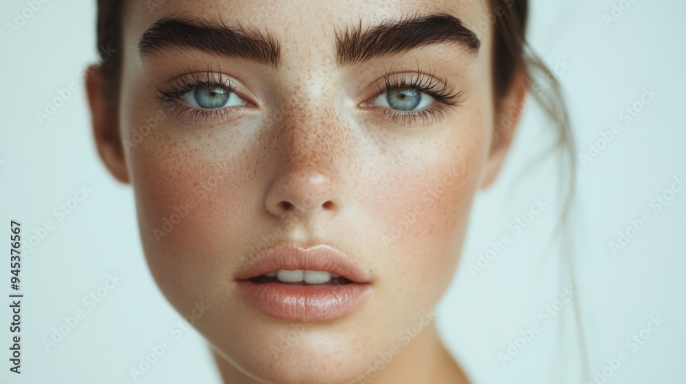 A close-up of a woman with a classic makeup look, including well-defined brows and natural-looking blush, set against a white background, highlighting her elegance. A close-up of a woman with a classic makeup look, including well-defined brows and natural-looking blush, set against a white background, highlighting her elegance.