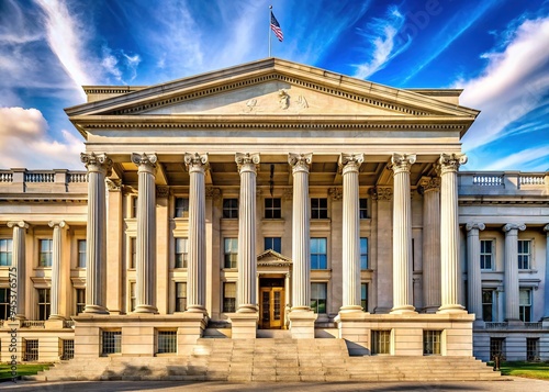 Historic stone columns and ornate architecture of the United States Treasury building in Washington D.C., symbolizing economic stability and national financial importance. photo