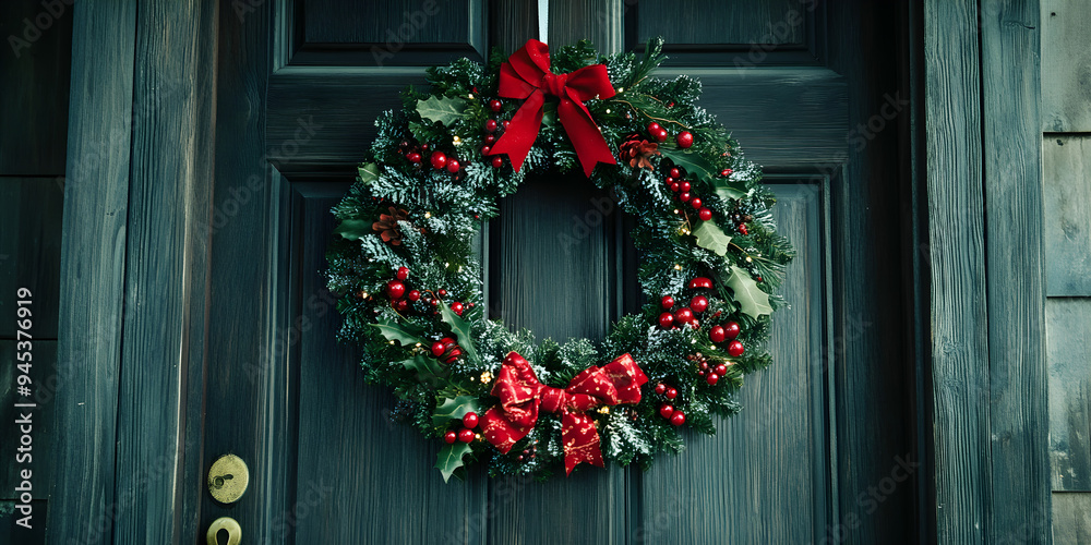 Elegant christmas wreath hangs on a rustic door decorated with red bows and festive ornaments creating a warm holiday atmosphere Elegant christmas wreath hangs on a rustic door decorated with red bows and festive ornaments creating a warm holiday atmosphere