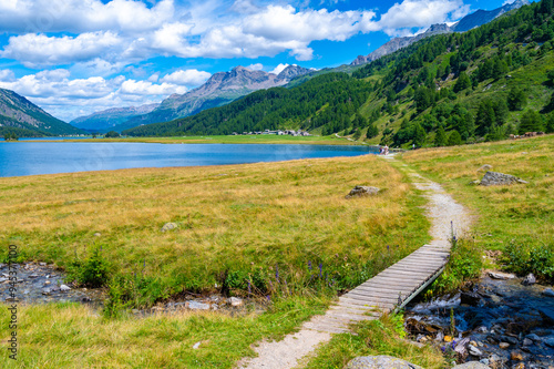 Engadine, Switzerland, Lake Sils Maria, the village of Isola, photographed in summer.
 photo