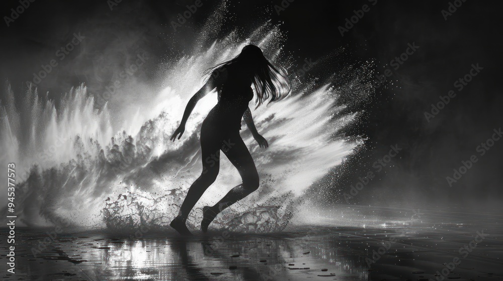 Fototapeta premium Silhouette of a woman running through a water fountain.
