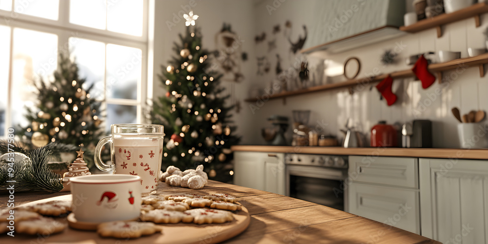 Warm and inviting Christmas kitchen featuring decorated cookies, a cozy cup, and a beautifully adorned tree, creating a festive atmosphere Warm and inviting Christmas kitchen featuring decorated cookies, a cozy cup, and a beautifully adorned tree, creating a festive atmosphere