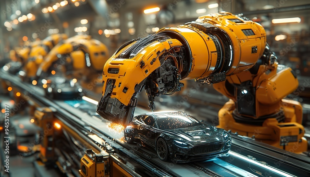 Exploring Automation: A Generative AI Vision of Robotic Welding Arms in a Car Manufacturing Facility, Featuring Sophisticated Stage Design and Cinematic Lighting Exploring Automation: A Generative AI Vision of Robotic Welding Arms in a Car Manufacturing Facility, Featuring Sophisticated Stage Design and Cinematic Lighting