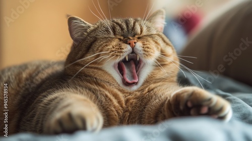 A close-up of an overweight cat stretching its paws and yawning, with its round belly prominently displayed, capturing its relaxed and charming demeanor.