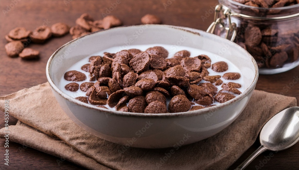 Breakfast cereal. Chocolate corn flakes and milk in bowl on brown table, closeup. ai generated Breakfast cereal. Chocolate corn flakes and milk in bowl on brown table, closeup. ai generated