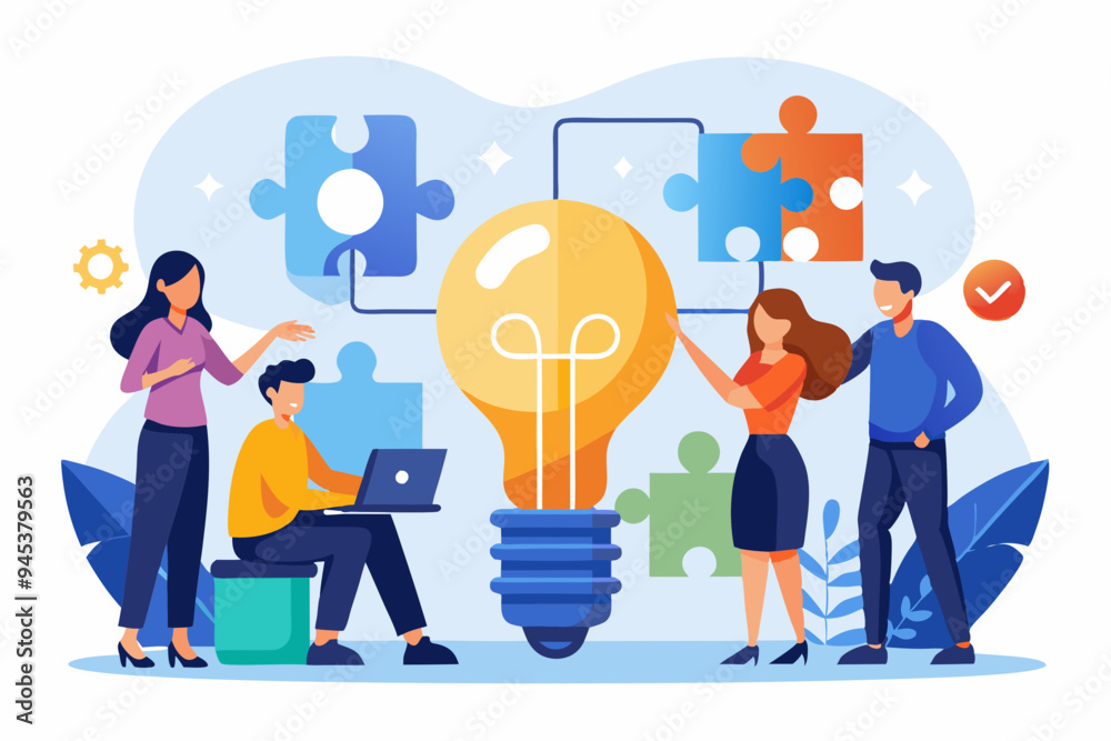 Idea brainstorming, cooperation or collaboration to get solution, teamwork or team meeting to develop idea together, employee participation concept, business people connect lightbulb jigsaw puzzle.
