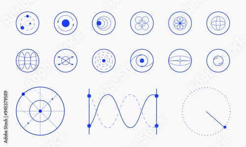 Collection of various geometric shapes, circles, lines, curves, arranged in grid pattern, representing different scientific and mathematical concepts. Modern aesthetics, minimalist art. Vector design