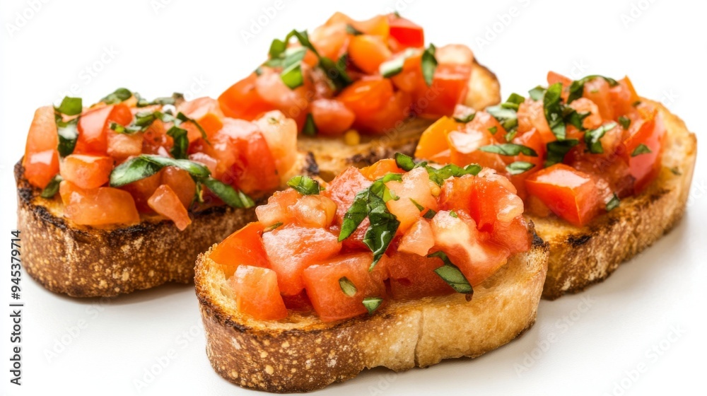 A close-up of bruschetta with diced tomatoes, garlic, and basil on toasted bread slices, arranged neatly on a white background. A close-up of bruschetta with diced tomatoes, garlic, and basil on toasted bread slices, arranged neatly on a white background.