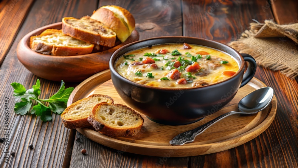 8. A cozy, morning shot of a warm bowl of kidney meat and cheese frittata soup, served with a side of toasted bread and a steaming cup of coffee , a realistic photo image. 8. A cozy, morning shot of a warm bowl of kidney meat and cheese frittata soup, served with a side of toasted bread and a steaming cup of coffee , a realistic photo image.