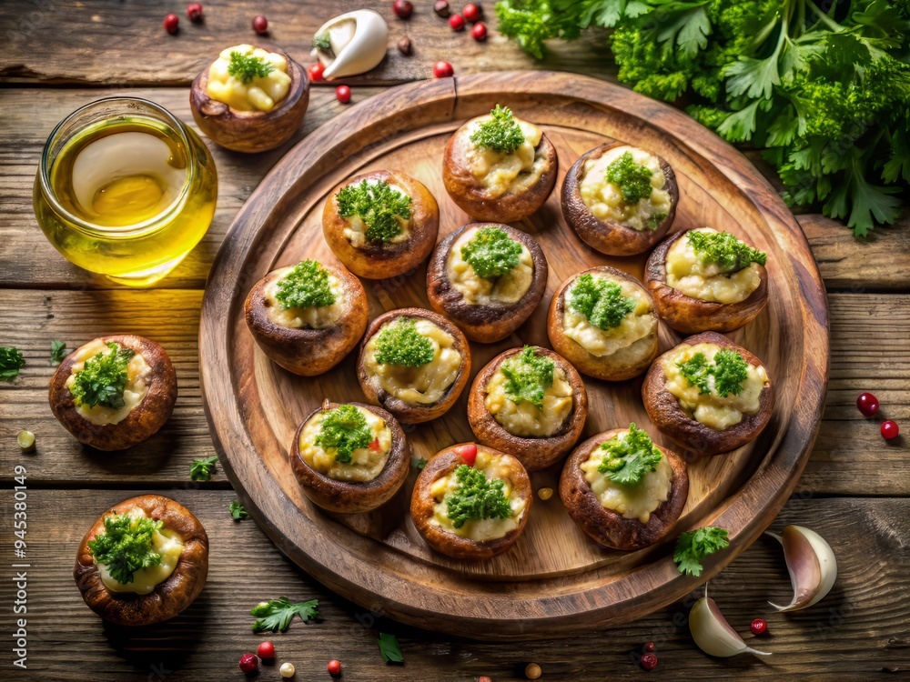 2. Overhead shot of a dozen stuffed mushrooms arranged on a rustic wooden platter, garnished with fresh parsley and a drizzle of olive oil, a realistic photo image. 2. Overhead shot of a dozen stuffed mushrooms arranged on a rustic wooden platter, garnished with fresh parsley and a drizzle of olive oil, a realistic photo image.