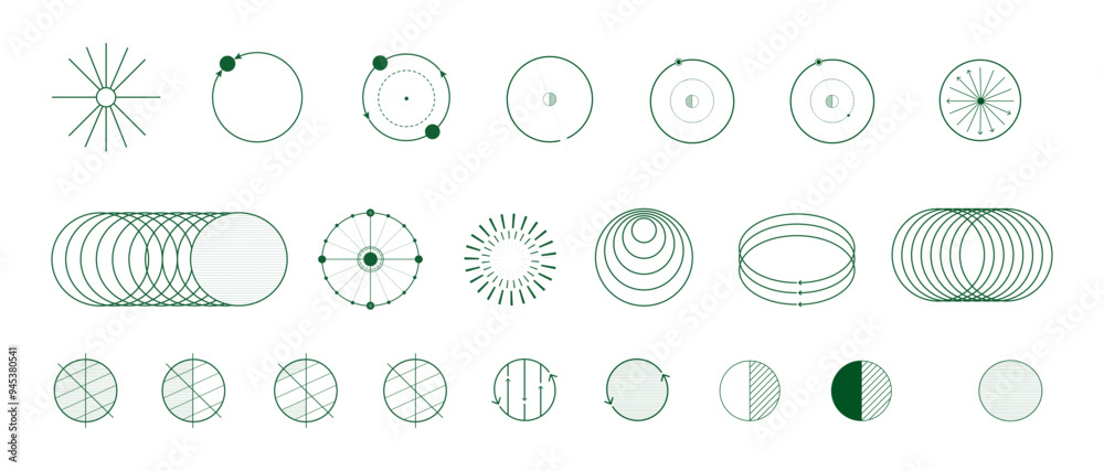Green scientific diagrams, orbital mechanics, electromagnetic waves, and gravitational interactions. Concepts in astrophysics and electromagnetism. Modern aesthetics, minimalist art. Vector design