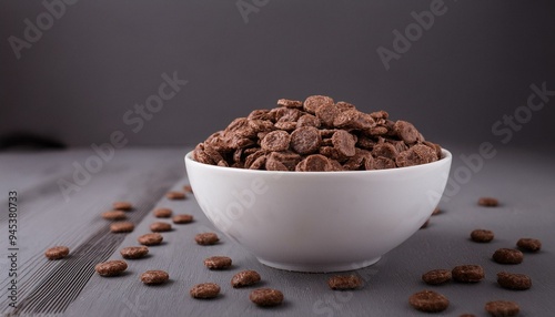 Chocolate cereals in white bowl. Chocolate flavored corn flakes. Wheat. Cocoa. Crispy. Crunchy. ai generated