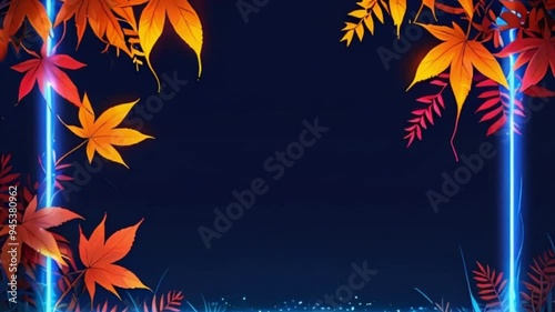 abstract neon Autumn leaves and berries frame neon sign, motion