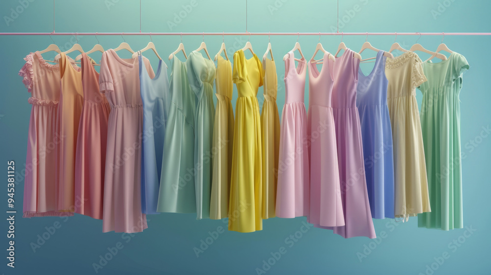 clothing stall with a array of colored dresses hanging on racks.