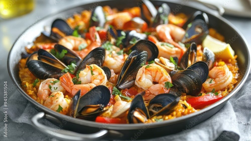 Delicious Seafood Paella Featuring Mussels, Shrimp, and Clams in a Traditional Paella Pan Delicious Seafood Paella Featuring Mussels, Shrimp, and Clams in a Traditional Paella Pan