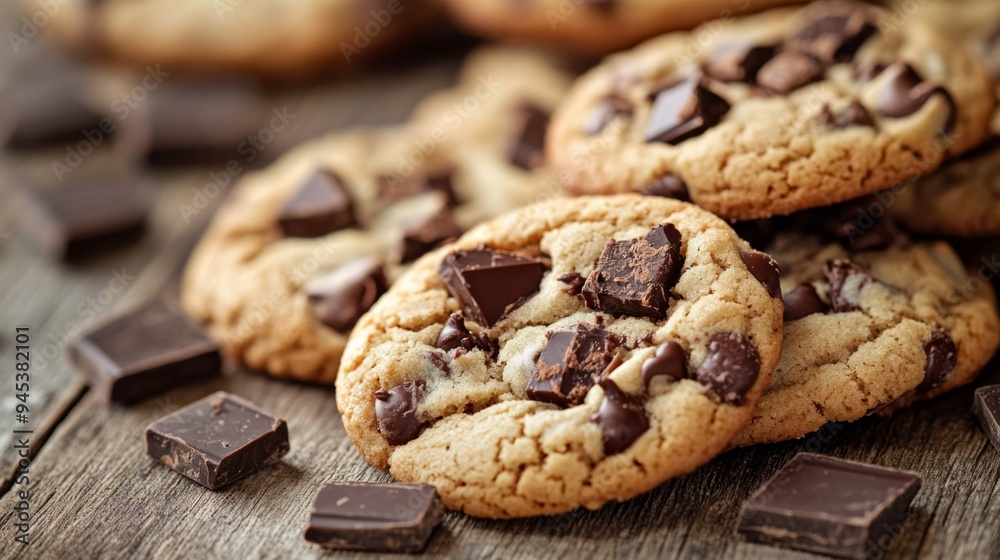 A close-up of freshly baked chocolate chip cookies with gooey, melted chocolate chunks, arranged on a rustic wooden surface for a tempting treat. A close-up of freshly baked chocolate chip cookies with gooey, melted chocolate chunks, arranged on a rustic wooden surface for a tempting treat.