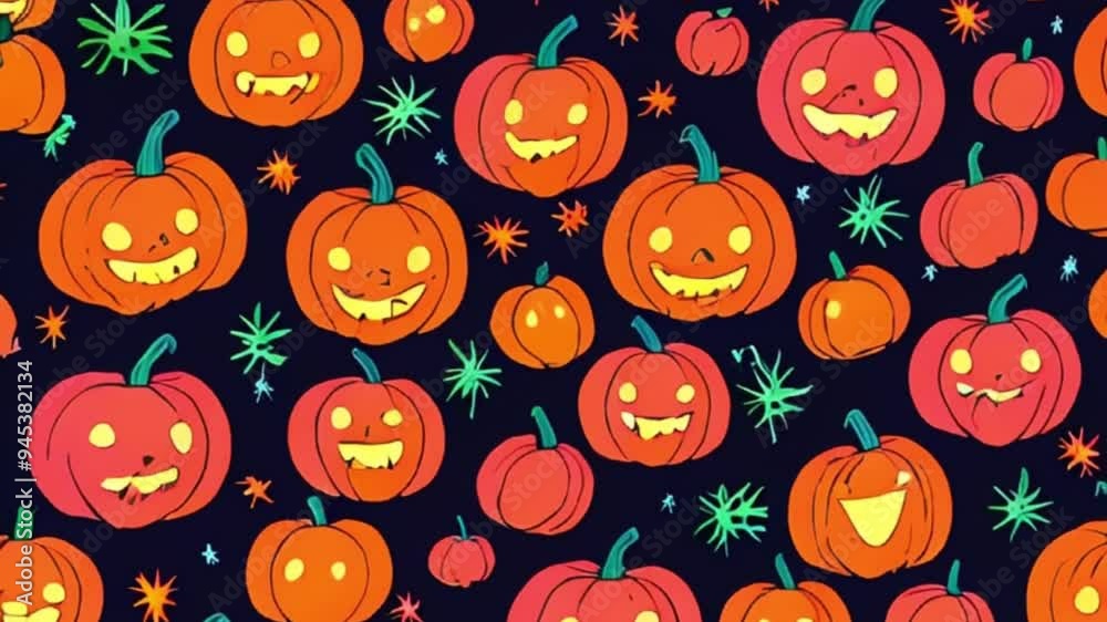 abstract neon pattern bright multicolored haloween pumpkins dark background, motion