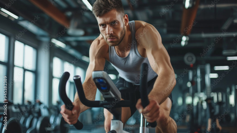 A man is currently riding an exercise bike in a fitness gym A man is currently riding an exercise bike in a fitness gym