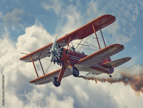 Old biplane flying upside down in dazzling blue sky, performing impressive aerobatic maneuvers gracefully. photo