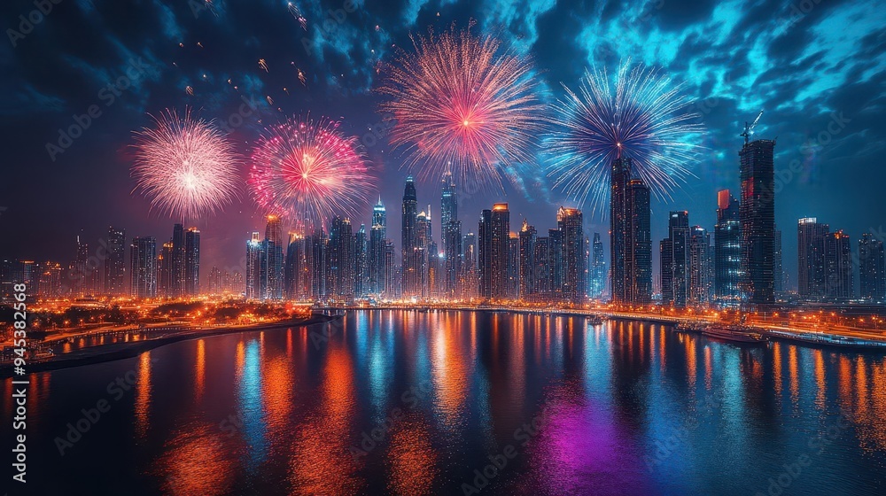 Fototapeta premium dazzling fireworks display over city skyline reflections in water starry night sky vibrant colors new years celebration atmosphere