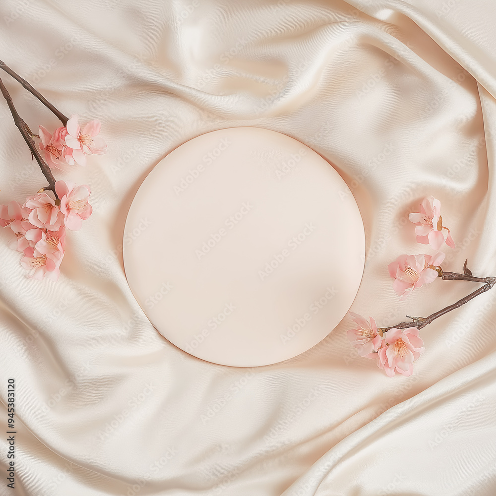 Empty soft pastel round product display podium with delicate pink flowers on beige fabric, flat lay  