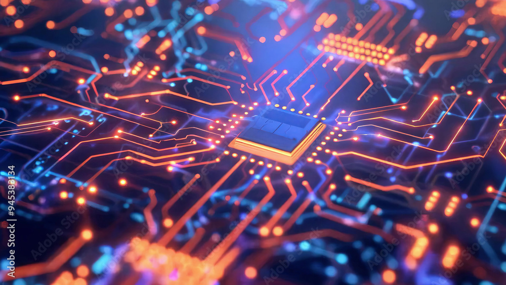 Digital electronic circuit board in neon colors with vibrant energy flowing through, creating a futuristic and dynamic background new stock image illustration AI Digital electronic circuit board in neon colors with vibrant energy flowing through, creating a futuristic and dynamic background new stock image illustration AI