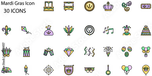 Set of Mardi Gras icons. Line art style icons bundle. vector illustration