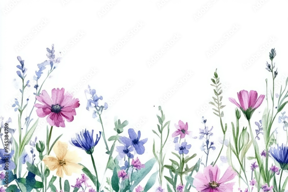 Vibrant watercolor wildflowers displayed in a creative arrangement for decoration purposes Vibrant watercolor wildflowers displayed in a creative arrangement for decoration purposes