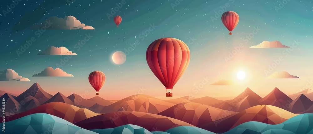 Obraz premium Vibrant hot air balloons floating in a clear blue sky over a colorful, blossoming field. Free copy space for banner.