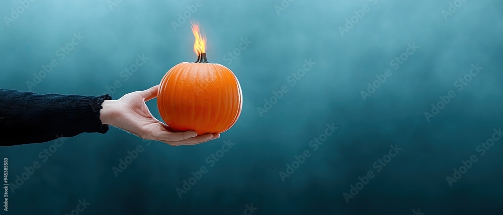 A vibrant orange pumpkin with a flame, held in a hand against a moody blue background, creating a captivating autumn scene. A vibrant orange pumpkin with a flame, held in a hand against a moody blue background, creating a captivating autumn scene.