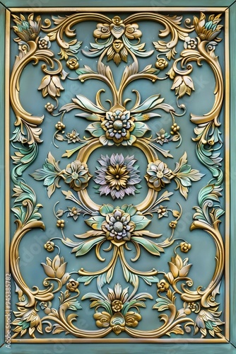 A detailed ornate floral decorative panel featuring intricate gold and pastel flowers and leaves on a teal background, exuding elegance and luxury.

