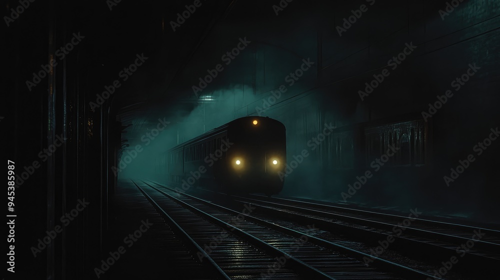 Naklejka premium Train Disappearing into Foggy Night