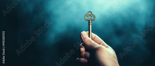 A vintage key held in a hand, illuminated by soft light, symbolizing unlocking potential and mysteries in life. photo