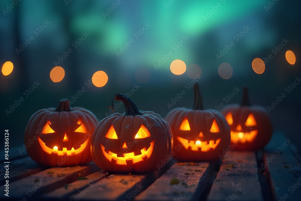 Halloween pumpkins with a blurred background of the aurora borealis Halloween pumpkins with a blurred background of the aurora borealis