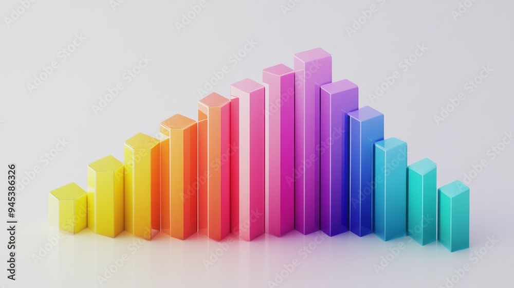 A colorful 3D bar chart with varying heights, showing positive growth, with each bar represented in a different gradient color on a clean white background. A colorful 3D bar chart with varying heights, showing positive growth, with each bar represented in a different gradient color on a clean white background.