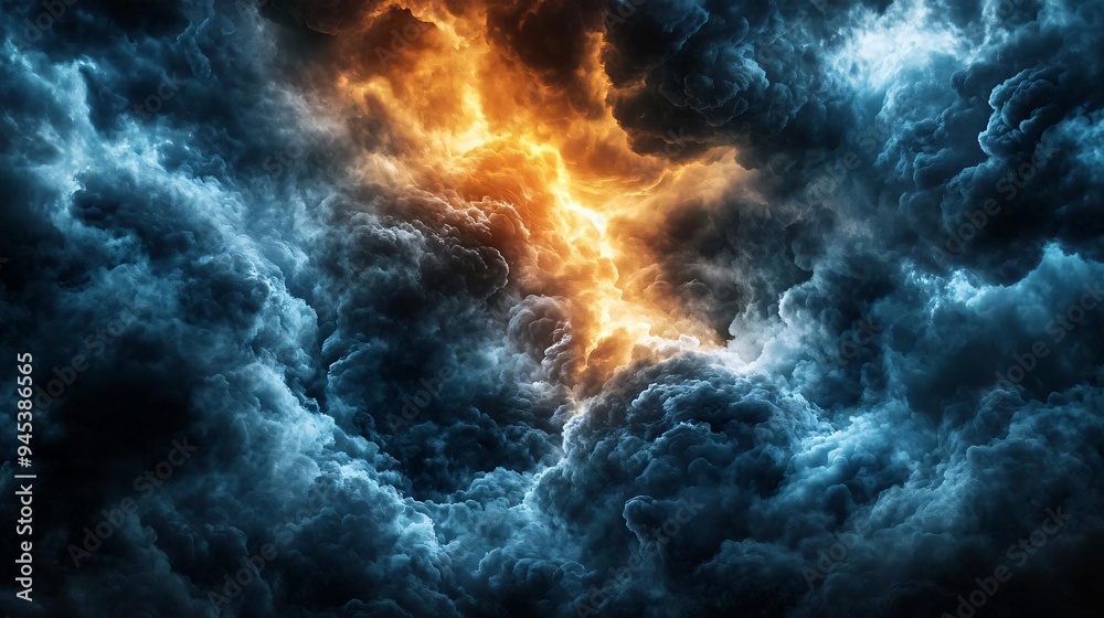 A dramatic sky filled with dark clouds and bright lightning, creating a powerful and intense atmosphere.