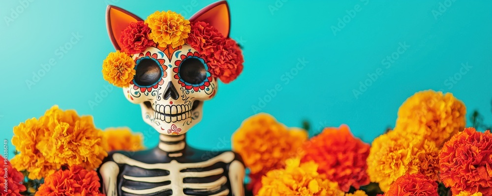 Vibrant skeleton figure adorned with flowers, celebrating life and death in a colorful, festive atmosphere. Vibrant skeleton figure adorned with flowers, celebrating life and death in a colorful, festive atmosphere.