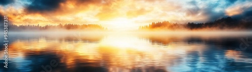 A serene sunrise reflecting over calm waters, surrounded by misty forests and vibrant colors, perfect for nature lovers.