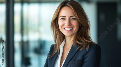 A confident businesswoman in a tailored suit, smiling directly at the camera, with her face clearly visible against a professional office background.