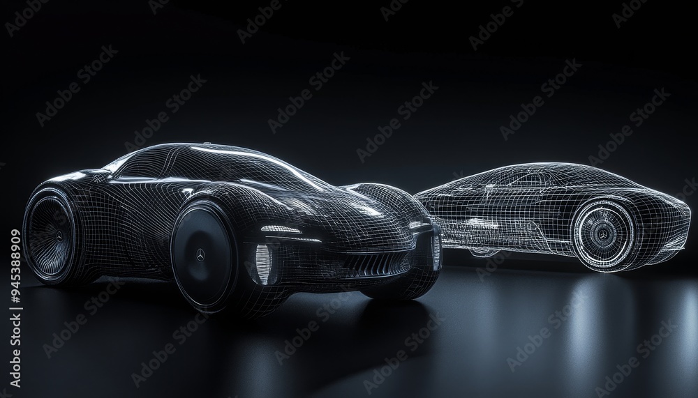 Autonomous electric car with wireframe design on black background showcasing digital twin concept Autonomous electric car with wireframe design on black background showcasing digital twin concept