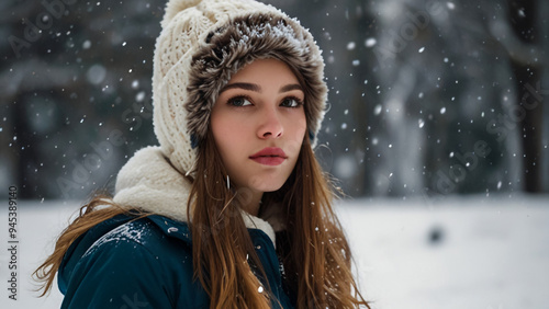 A beautiful girl fully immersed in the snow Closeup picture of a cute girl with snow falling banner wallpaper background Girl douse in Snowball earth Female in Snowball earth