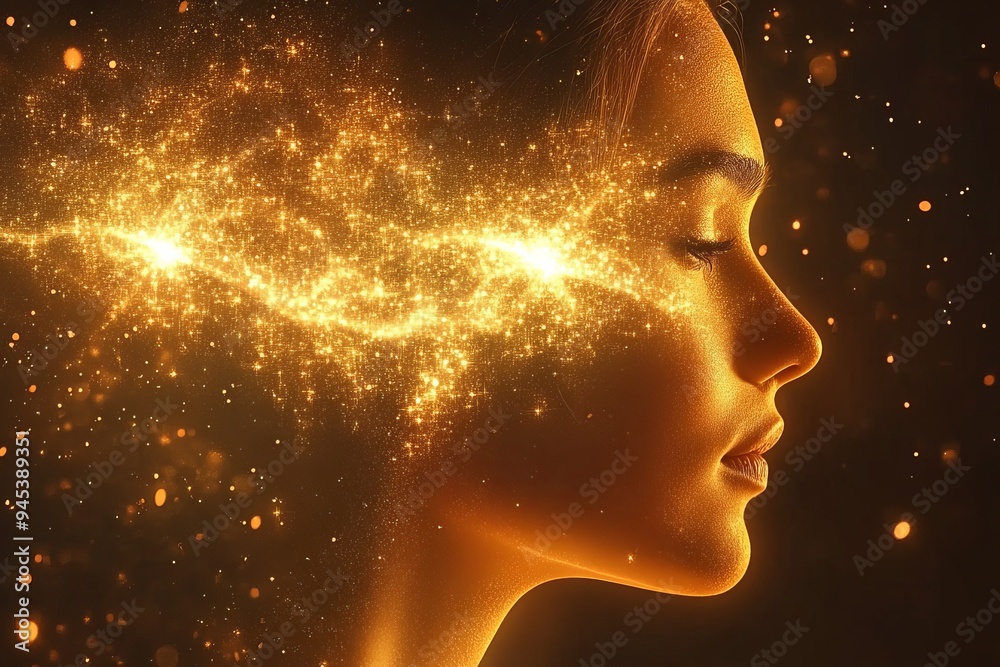 A woman with glowing light trails flowing from her face symbolizes the ethereal connection between thought and energy representing the fluid nature of ideas in a cosmic context A woman with glowing light trails flowing from her face symbolizes the ethereal connection between thought and energy representing the fluid nature of ideas in a cosmic context