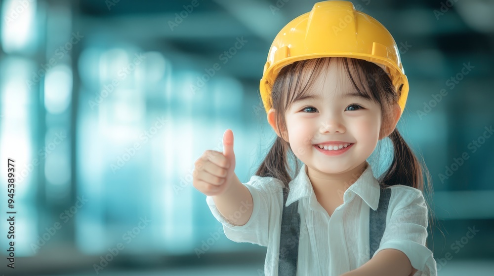 Happy Little Girl Engineer in Yellow Hard Hat Giving Thumbs Up Happy Little Girl Engineer in Yellow Hard Hat Giving Thumbs Up