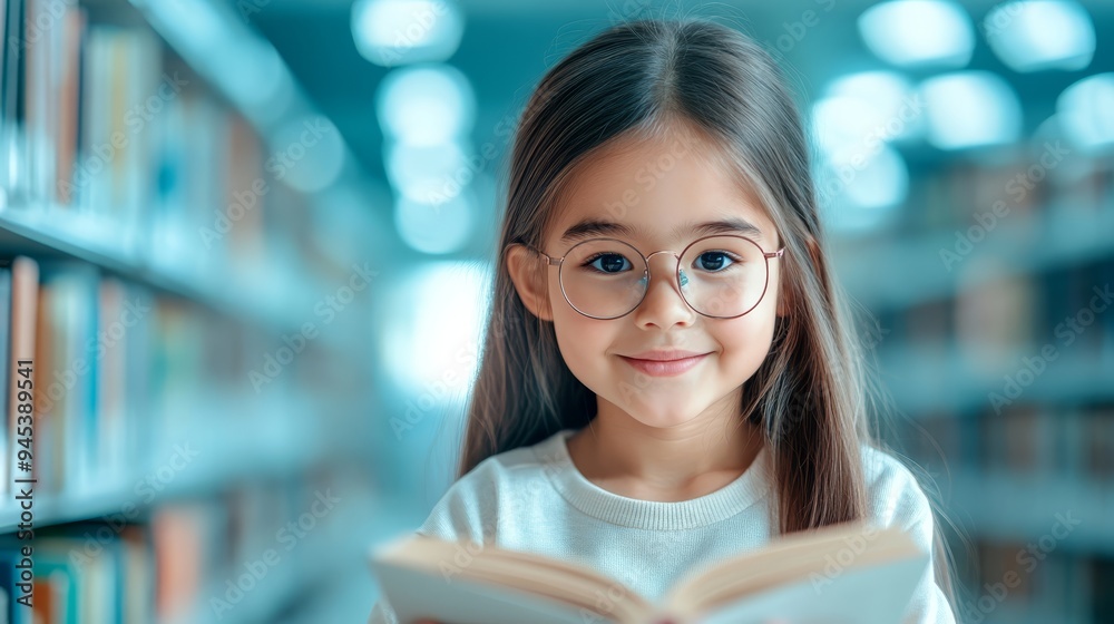 Young Girl Reading Book in Library Education Knowledge Learning School Student Child Happy Smile Glasses Bookshelf Literature Young Girl Reading Book in Library Education Knowledge Learning School Student Child Happy Smile Glasses Bookshelf Literature
