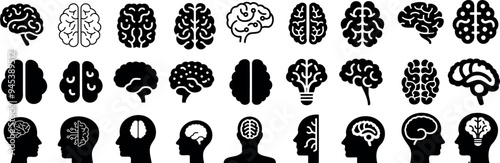 Brain icon vector set, head silhouettes, brain anatomy, mental health, cognition, creativity vector illustration for psychology, education, neuroscience visuals, design, and technology project