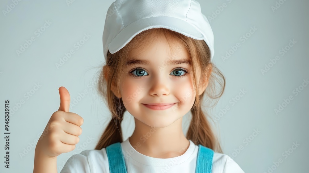 Happy Little Girl Wearing a White Cap Giving Thumbs Up Happy Little Girl Wearing a White Cap Giving Thumbs Up